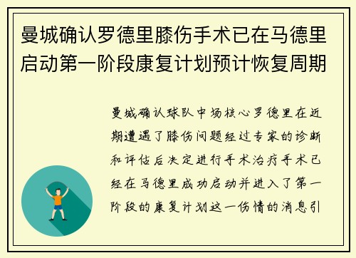 曼城确认罗德里膝伤手术已在马德里启动第一阶段康复计划预计恢复周期受关注 曼城确认罗德里膝伤手术已在马德里启动第一阶段康复计划预计恢复周期受关注