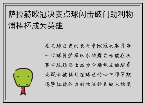 萨拉赫欧冠决赛点球闪击破门助利物浦捧杯成为英雄
